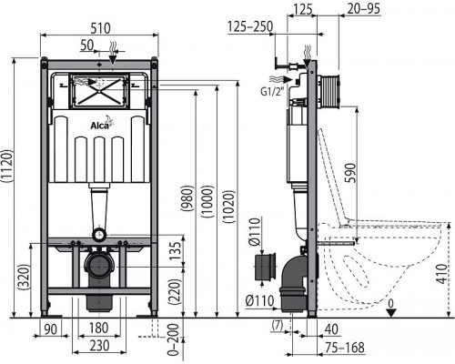 Инсталляция Alcaplast Sadromodul AM101/1120-3:1 RU M371-0001 для унитаза с клавишей смыва Хром гляннец