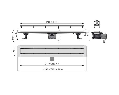 Душевой лоток Alcaplast Fit and Go AG071401950 (APZ13-DOUBLE9-950) с решеткой Хром / полая под плитку