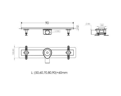 Душевой лоток Timo Premium 90 DP-PG90-RS50(DRY) с решеткой Сталь / под плитку