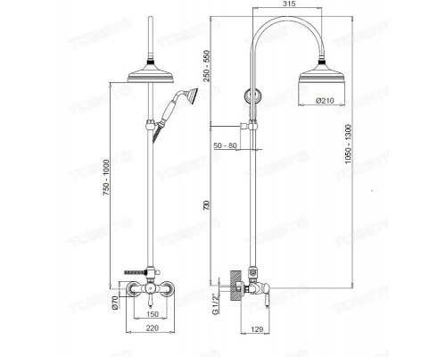 Душевая система Margaroli Classica RU1006AA01GD Золото
