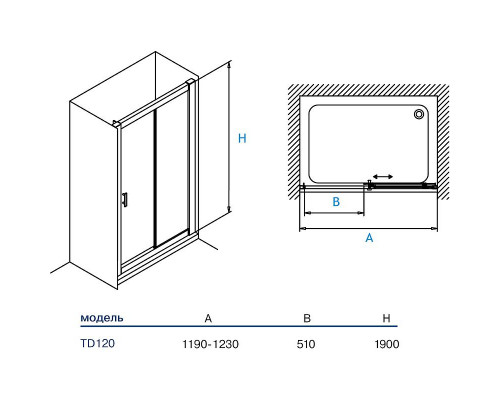 Душевая дверь Koller Pool Trend 120 TD120C профиль Хром стекло прозрачное