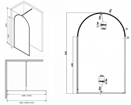 Душевая перегородка Abber Immer Offen 120 AG64120B8 профиль Черный стекло прозрачное