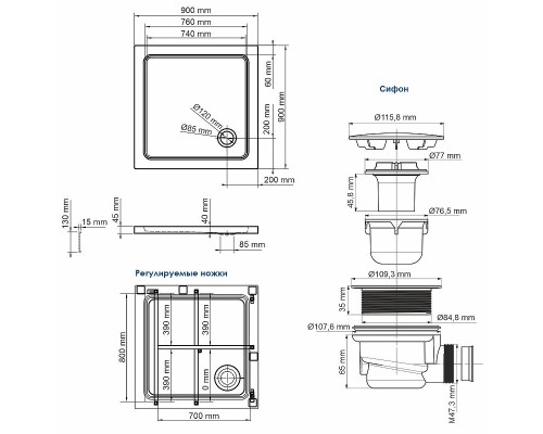 Акриловый поддон для душа WasserKRAFT Amper 90x90 29T03 Белый глянец