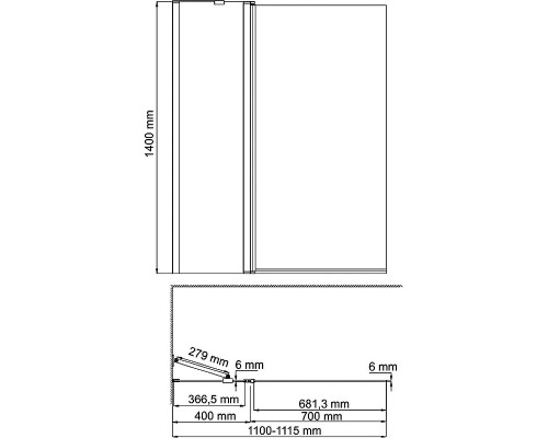 Шторка на ванну WasserKRAFT Berkel 110 48P02-110B профиль Черный стекло прозрачное