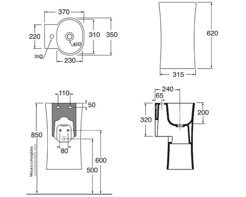 Раковина Azzurra Nativo 35 LALS035370NM/(NAT200/1 bi)x1 Белая