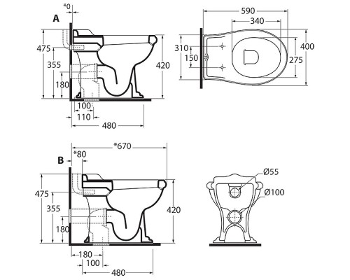 Унитаз Azzurra Jubilaeum JUVCTPB00000BI/(JUB100/P bi) приставной без бачка и сиденья