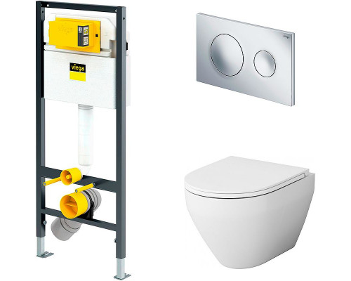 Комплект унитаза AM.PM Spirit FlashClean C701700WH + C707857WH с инсталляцией Viega Prevista Dry 792855 с сиденьем Микролифт и клавишей смыва Хром