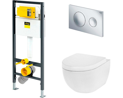 Комплект унитаза AM.PM Awe C111738WH+C117852WH с инсталляцией Viega Prevista Dry 792855 с сиденьем Микролифт и клавишей смыва Хром