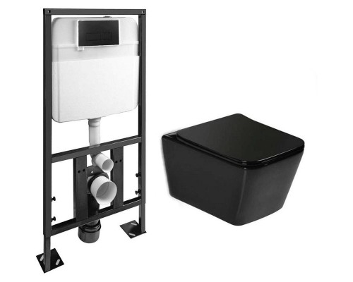 Комплект унитаза с инсталляцией SantiLine SL-5004MB+SL-04 с сиденьем Микролифт и Черной матовой клавишей смыва