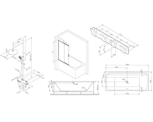 Комплект акриловой ванны AM.PM Inspire V2.0 180x80 WK52EB без гидромассажа с душевой системой со шторкой и аксессуарами