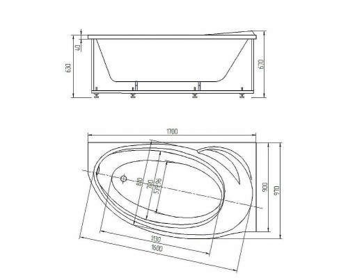 Акриловая ванна Aquatek Бетта 170x97 L BET170-0000099 без гидромассажа с фронтальной панелью с каркасом (разборный) со слив-переливом