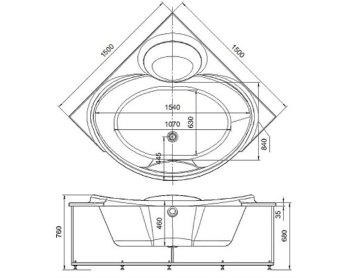 Акриловая ванна Aquatek Эпсилон 150х150 EPS150-0000066 без гидромассажа с фронтальной панелью с каркасом (вклеенный) со слив-переливом