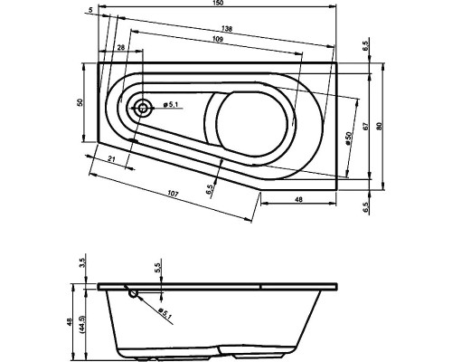 Акриловая ванна Riho Delta 150x80 B067001005 (BB8100500000000) L без гидромассажа