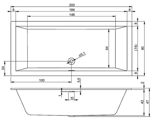 Акриловая ванна Riho Rething Cubic 200х90 B110001005 (BR1200500000000) без гидромассажа