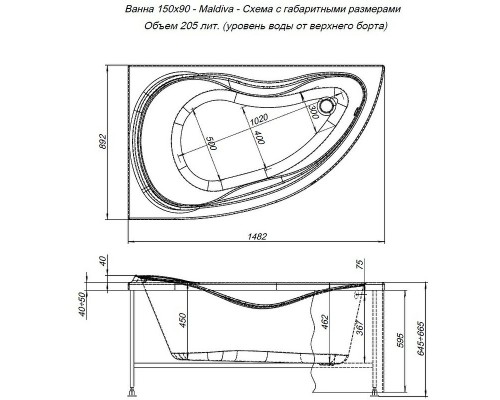 Акриловая ванна Aquanet Maldiva 150x90 R 205445 без гидромассажа