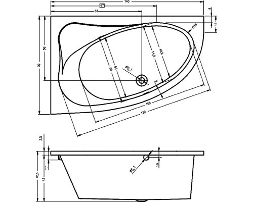 Акриловая ванна Riho Lyra 140x90 B019001005 (BA6500500000000) R без гидромассажа