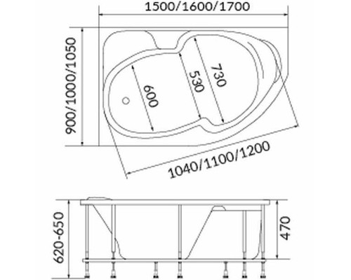 Акриловая ванна 1MarKa Diana 160x100 R 01ди1610п без гидромассажа
