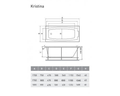 Акриловая ванна Relisan Kristina 180x80 Гл000023015 без гидромассажа