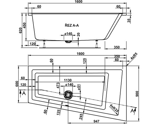 Акриловая ванна Vagnerplast Cavallo 160x90 R VPBA169CAV3PX-04 без гидромассажа