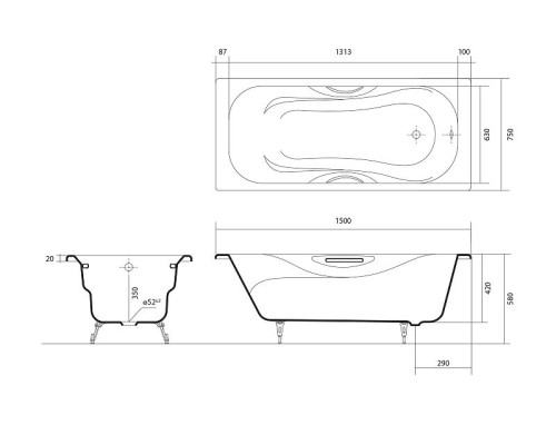 Чугунная ванна Aquatek Гамма 150x75 AQ8050FH-00 без антискользящего покрытия