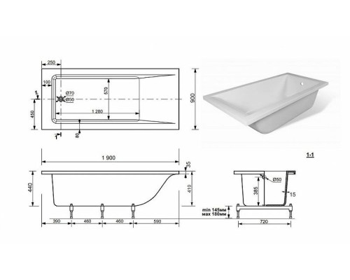 Ванна из искусственного камня Эстет Дельта 190х90 ФР-00001684 без гидромассажа
