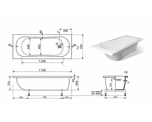 Ванна из искусственного камня Эстет Лаура 170х70 ФР-00000678 без гидромассажа