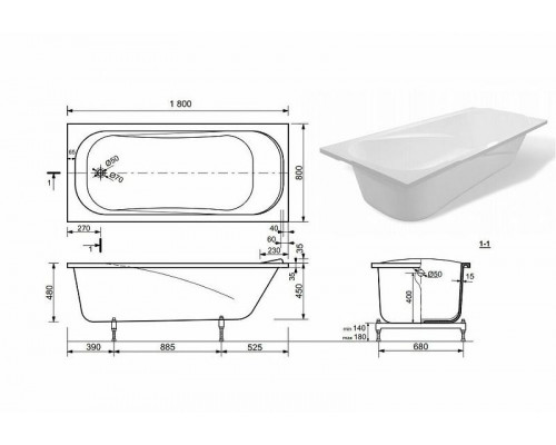 Ванна из искусственного камня Эстет Альфа 180х80 ФР-00001311 без гидромассажа