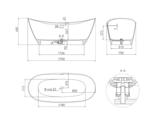 Ванна из литьевого мрамора 170,5x75,5 см Salini S-Stone Noemi 101722M