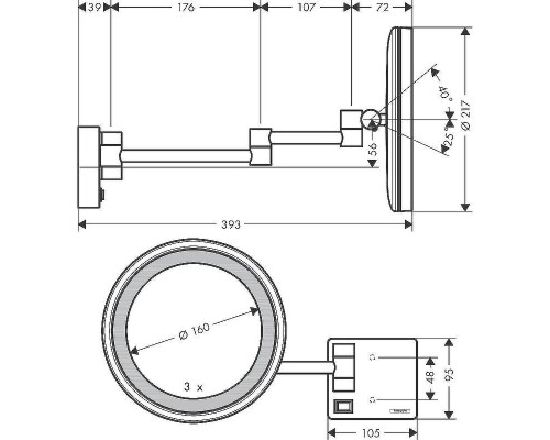 Косметическое зеркало Hansgrohe AddStoris 41790340 с подсветкой с увеличением Шлифованный черный хром