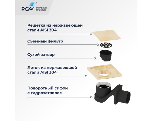 Душевой трап RGW Drain Leo-02-10Gb 60210210-06 с решеткой Золото брашированное / под плитку
