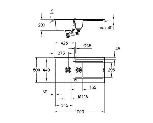 Кухонная мойка Grohe K500 100 31646AP0 Черный гранит