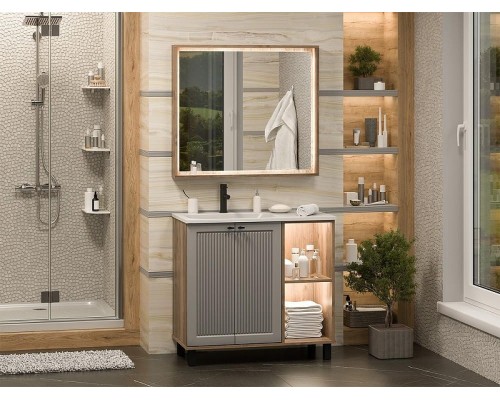 Тумба с раковиной Brevita Lumus 90 L УТ000025489 Серая матовая Дуб Галифакс олово