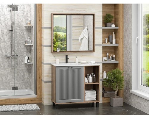 Тумба с раковиной Brevita Lumus 90 L УТ000025489 Серая матовая Дуб Галифакс олово