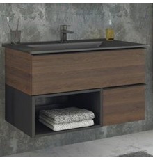 Тумба с раковиной Comforty Франкфурт 90 00-00002048 подвесная Дуб шоколадно-коричневый Черная матовая
