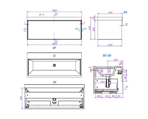 Тумба под раковину La Fenice Simpla 100 FNC-01-SIM-BG-100 подвесная Синяя матовая