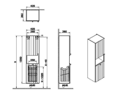 Шкаф пенал Vitra Root Groove 40 L 69093 подвесной с бельевое корзиной Белый матовый