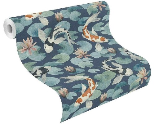 Обои RASCH Kimono 409444 Винил на флизелине (0,53x10,05) Синий/Белый/Оранжевый, Животные