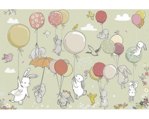 Фреска детская Ortograf Для самых маленьких 32930 Фактура флок FLK Флизелин (4x2,7) Зеленый/Разноцветный, Животные/Воздушные шары