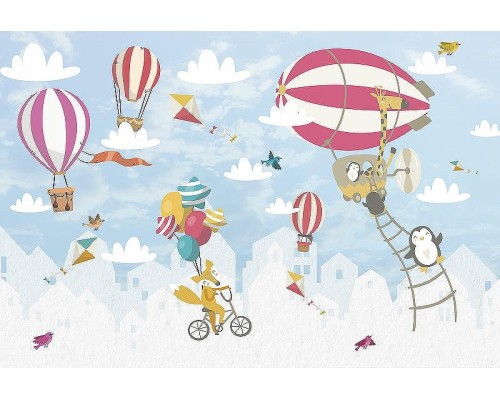 Фреска детская Ortograf Для самых маленьких 32952 Фактура флок FLK Флизелин (4x2,7) Голубой/Разноцветный, Животные/Воздушные шары