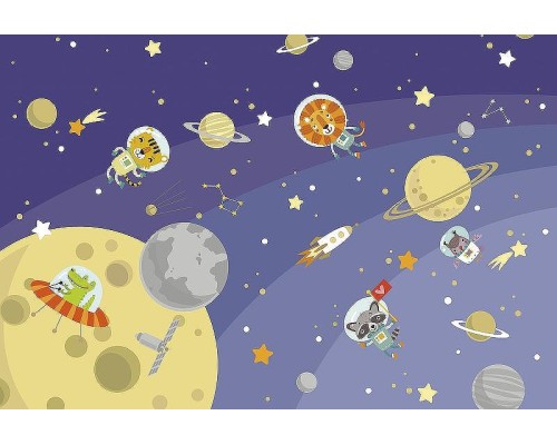 Фреска детская Ortograf Для самых маленьких 32956 Фактура флок FLK Флизелин (4x2,7) Фиолетовый/Разноцветный, Космос/Животные