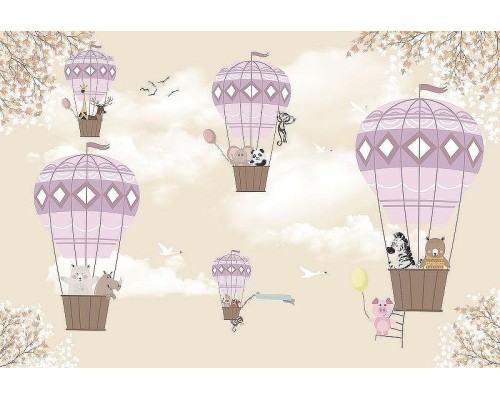 Фреска детская Ortograf Для самых маленьких 33686 Фактура флок FLK Флизелин (4x2,7) Бежевый/Розовый, Животные/Воздушные шары