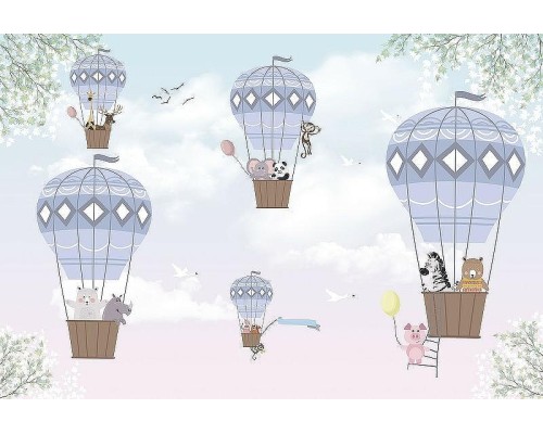 Фреска детская Ortograf Для самых маленьких 33687 Фактура флок FLK Флизелин (4x2,7) Бирюзовый/Розовый/Фиолетовый, Животные/Воздушные шары