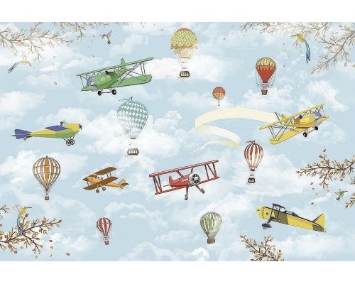 Фреска детская Ortograf Для самых маленьких 33690 Фактура флок FLK Флизелин (4x2,7) Голубой/Разноцветный, Воздушные шары/Самолеты