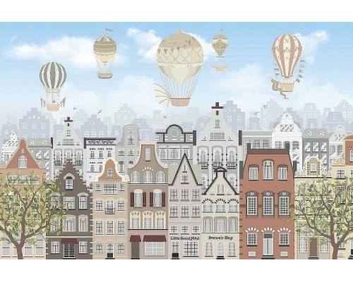 Фреска детская Ortograf Для самых маленьких 33691 Фактура флок FLK Флизелин (4x2,7) Разноцветный, Воздушные шары/Город