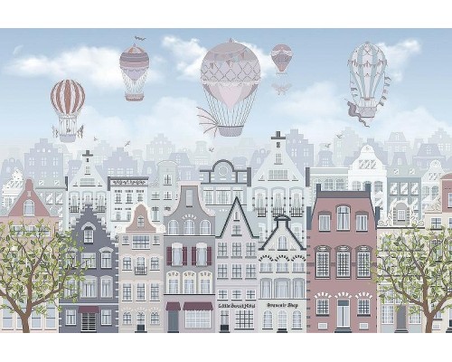 Фреска детская Ortograf Для самых маленьких 33693 Фактура флок FLK Флизелин (4x2,7) Разноцветный, Воздушные шары/Город