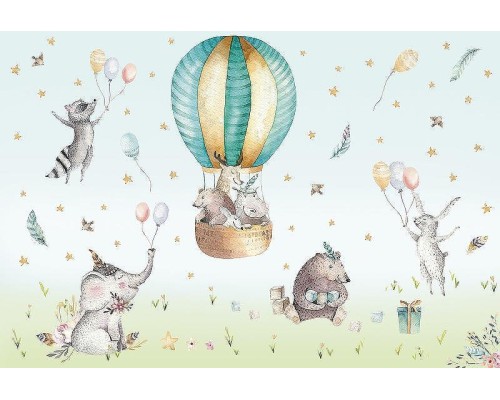 Фреска детская Ortograf Для самых маленьких 32901 Фактура флок FLK Флизелин (4x2,7) Голубой/Разноцветный, Животные/Воздушные шары