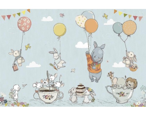 Фреска детская Ortograf Для самых маленьких 33712 Фактура флок FLK Флизелин (4x2,7) Голубой/Разноцветный, Животные/Воздушные шары