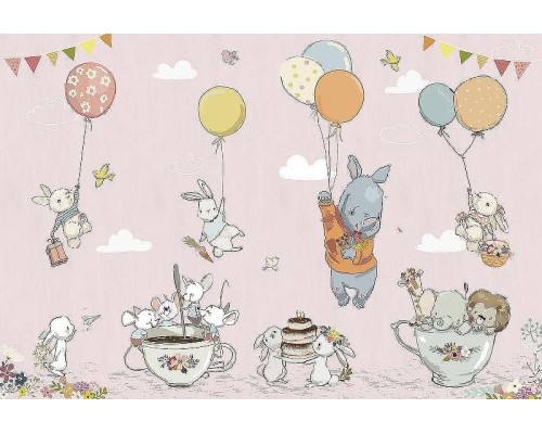 Фреска детская Ortograf Для самых маленьких 33713 Фактура флок FLK Флизелин (4x2,7) Розовый/Разноцветный, Животные/Воздушные шары