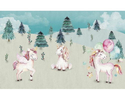 Фреска детская Ortograf Для самых маленьких 33703 Фактура флок FLK Флизелин (4,3x2,7) Бирюзовый/Розовый, Животные/Деревья