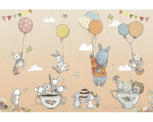 Фреска детская Ortograf Для самых маленьких 33714 Фактура флок FLK Флизелин (4x2,7) Бежевый/Разноцветный, Животные/Воздушные шары